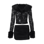 Women Clothing Autumn Winter Street Lace Plush Long Sleeved Top Sexy Skirt Set Bella Mia