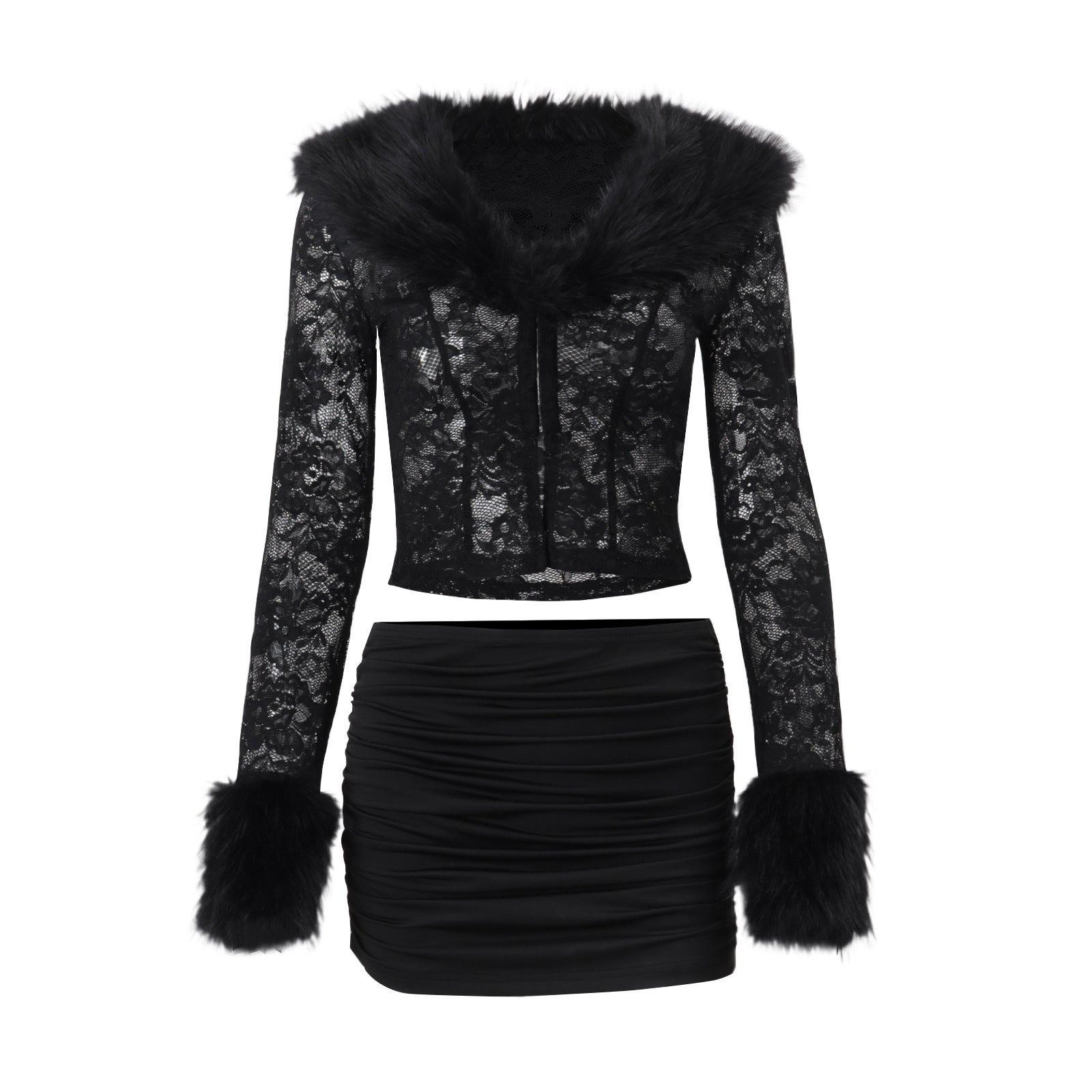 Women Clothing Autumn Winter Street Lace Plush Long Sleeved Top Sexy Skirt Set Bella Mia