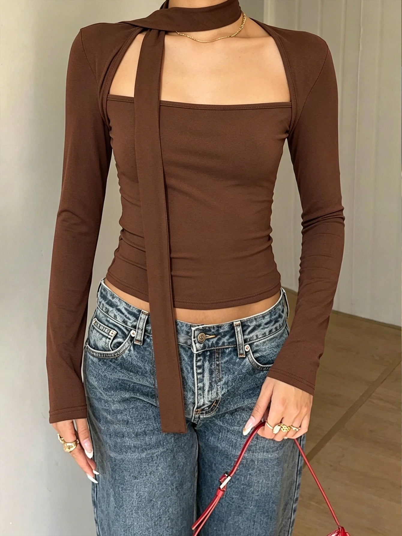 Sexy Square Collar Halter Tied Long Sleeves Top Slim Fit Slimming Sexy Outer Wear Bottoming Shirt Women Bella Mia