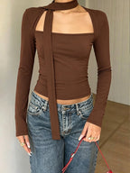 Sexy Square Collar Halter Tied Long Sleeves Top Slim Fit Slimming Sexy Outer Wear Bottoming Shirt Women Bella Mia