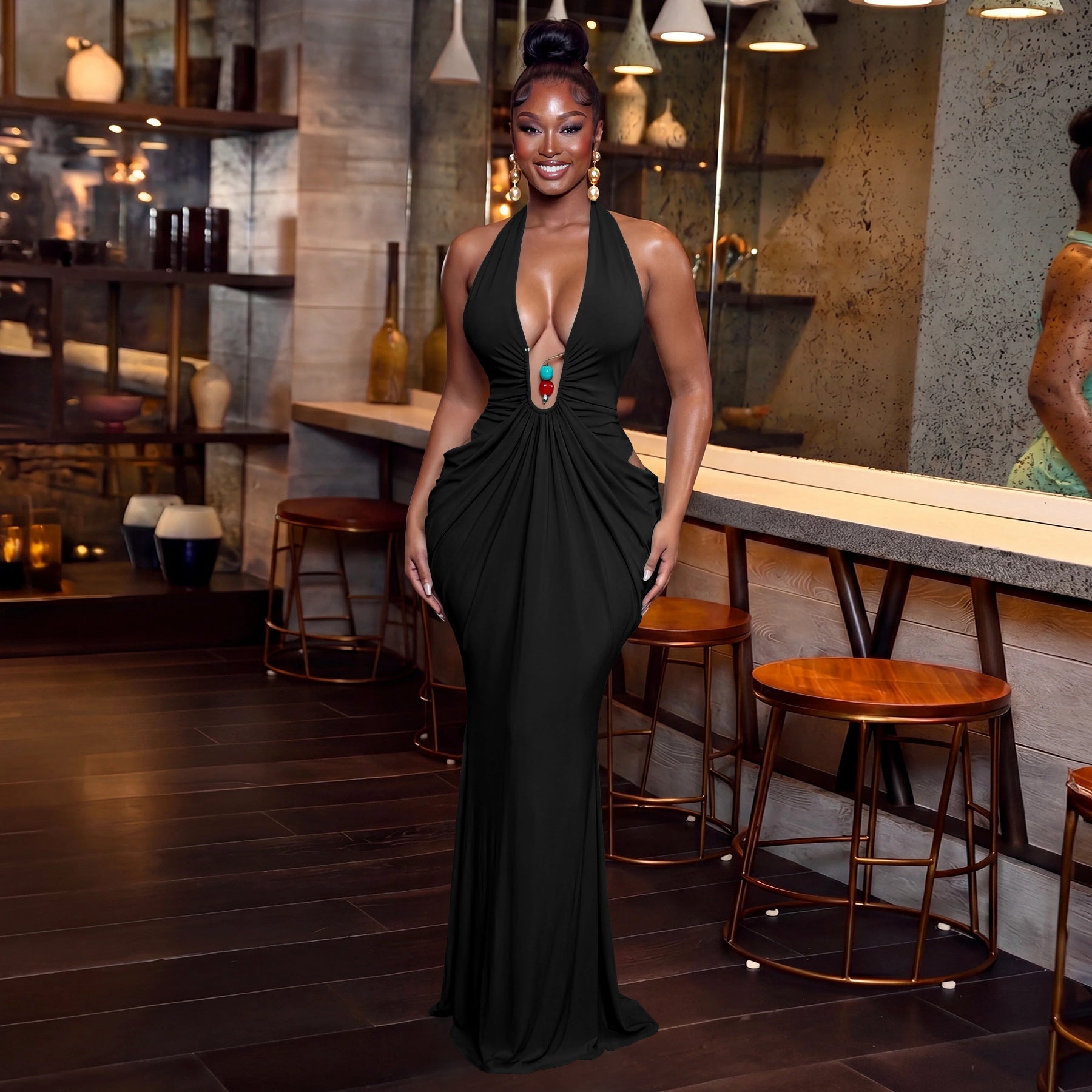 Women Clothing Elegant Halter V neck Sexy Backless Lace up Pleated Maxi Dress