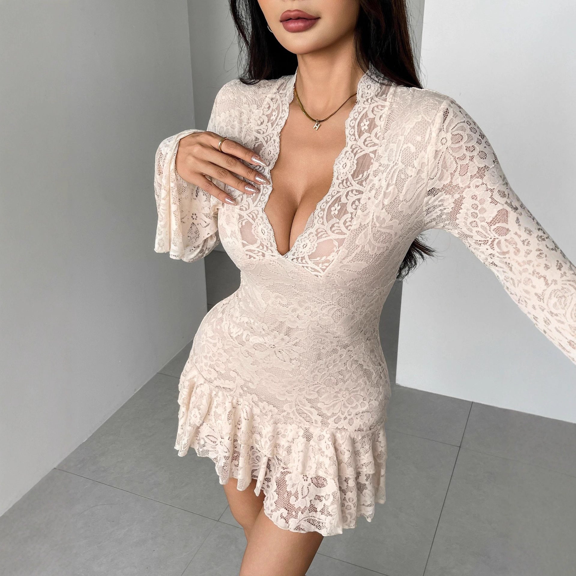 Autumn Winter Lace V neck Double Layer Ruffled Slim Fit Sheath Dress Bella Mia