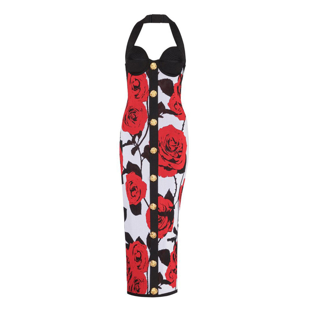 Classic Rose Jacquard Knitted Bandage Dress Sexy Halter Gold Buckle Stretch Dress Bella Mia
