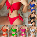 Bikini Double Bikini Solid Color Swimsuit Backless Swimming Suit Women Knotted Swimwear Sexy Bikini Bella Mia