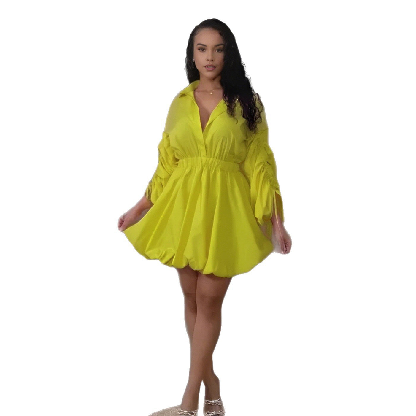 Sexy Casual Office Drawstring Sleeve Fitted Waist Bubble Shirt Collar Long Sleeve Dress Bella Mia