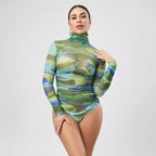 Autumn Tight Turtleneck Jumpsuit Sexy Pleated Long Sleeve See Through Printed Mesh Top Women Bella Mia