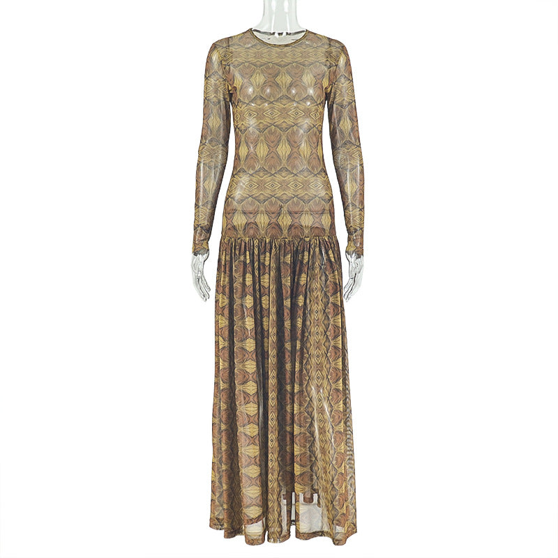 Elegant Retro Women Waist Slimming Micro Transparent A line Printing round Neck Long Sleeved Dress Bella Mia