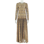 Elegant Retro Women Waist Slimming Micro Transparent A line Printing round Neck Long Sleeved Dress Bella Mia