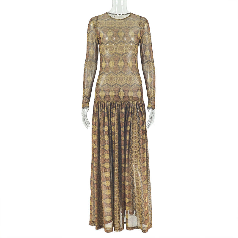 Elegant Retro Women Waist Slimming Micro Transparent A line Printing round Neck Long Sleeved Dress Bella Mia