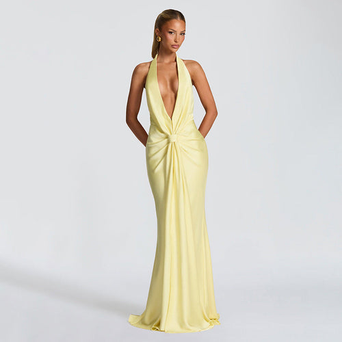 Autumn Winter Women Solid Color Deep V Plunge neck Halter Ribbon Pleated Sexy Backless Elegant Dress for Women Bella Mia