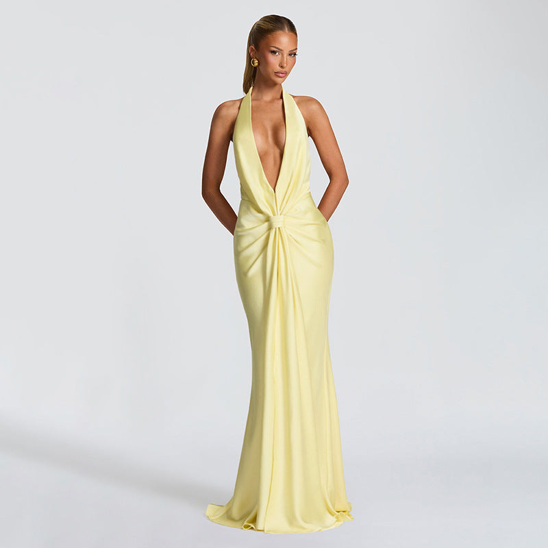 Autumn Winter Women Solid Color Deep V Plunge neck Halter Ribbon Pleated Sexy Backless Elegant Dress for Women Bella Mia