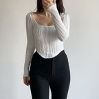 Summer French Design Pleated U Collar Simple Solid Color Slim Fit Long Sleeves Top Women Bella Mia