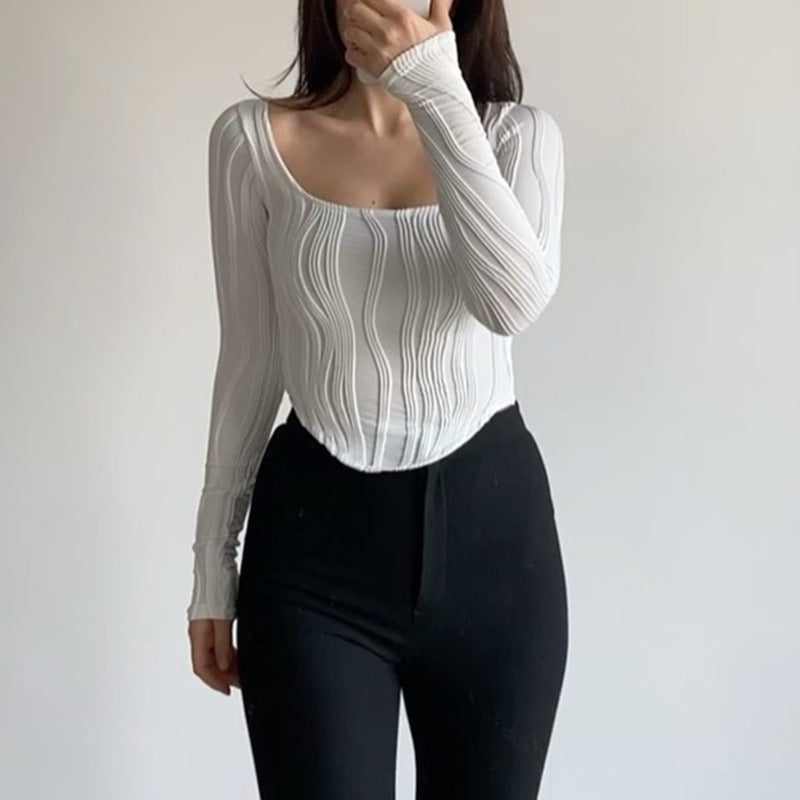 Summer French Design Pleated U Collar Simple Solid Color Slim Fit Long Sleeves Top Women Bella Mia