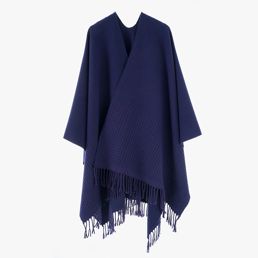 Solid Color Cashmere like Tassel Large Split Shawl Warm Monochrome Cape Plain Shawl Bella Mia