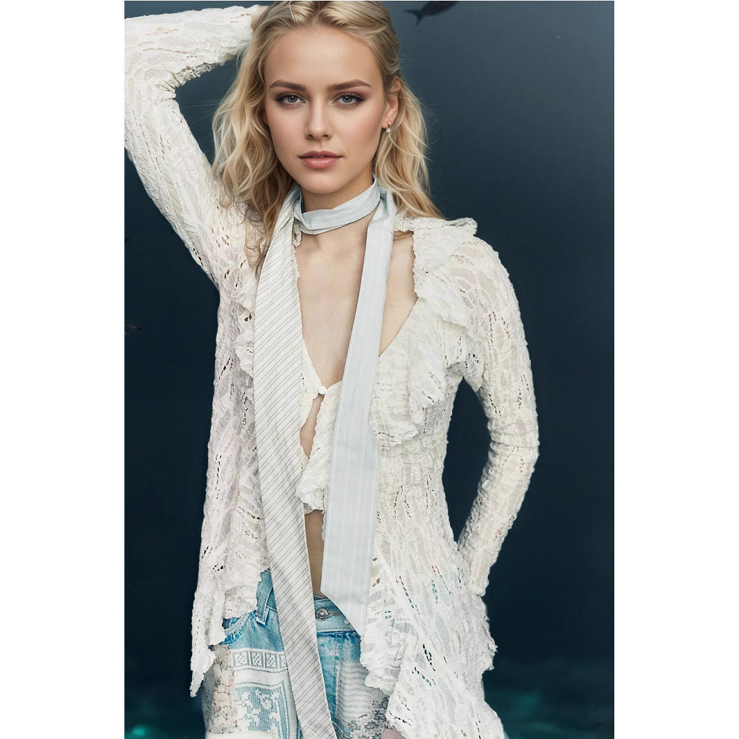 Lace V neck Shirt Women Autumn Ruffles Cardigan Long Sleeve Short Knitted Top Bella Mia