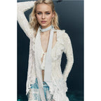 Lace V neck Shirt Women Autumn Ruffles Cardigan Long Sleeve Short Knitted Top Bella Mia