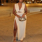 Women Clothing Solid Color Dress Oblique V neck off Shoulder Sleeveless Irregular Asymmetric Slit Bella Mia