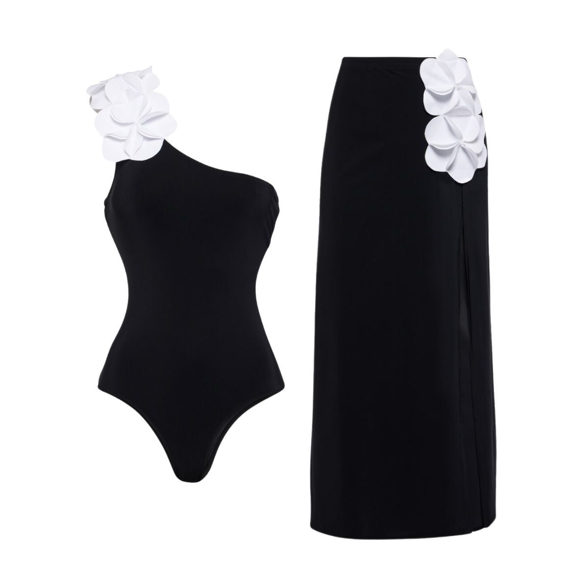 Black White Contrast Color Minimalist Floral Decoration Oblique Shoulder One Piece Swimsuit Women Clothing Bella Mia