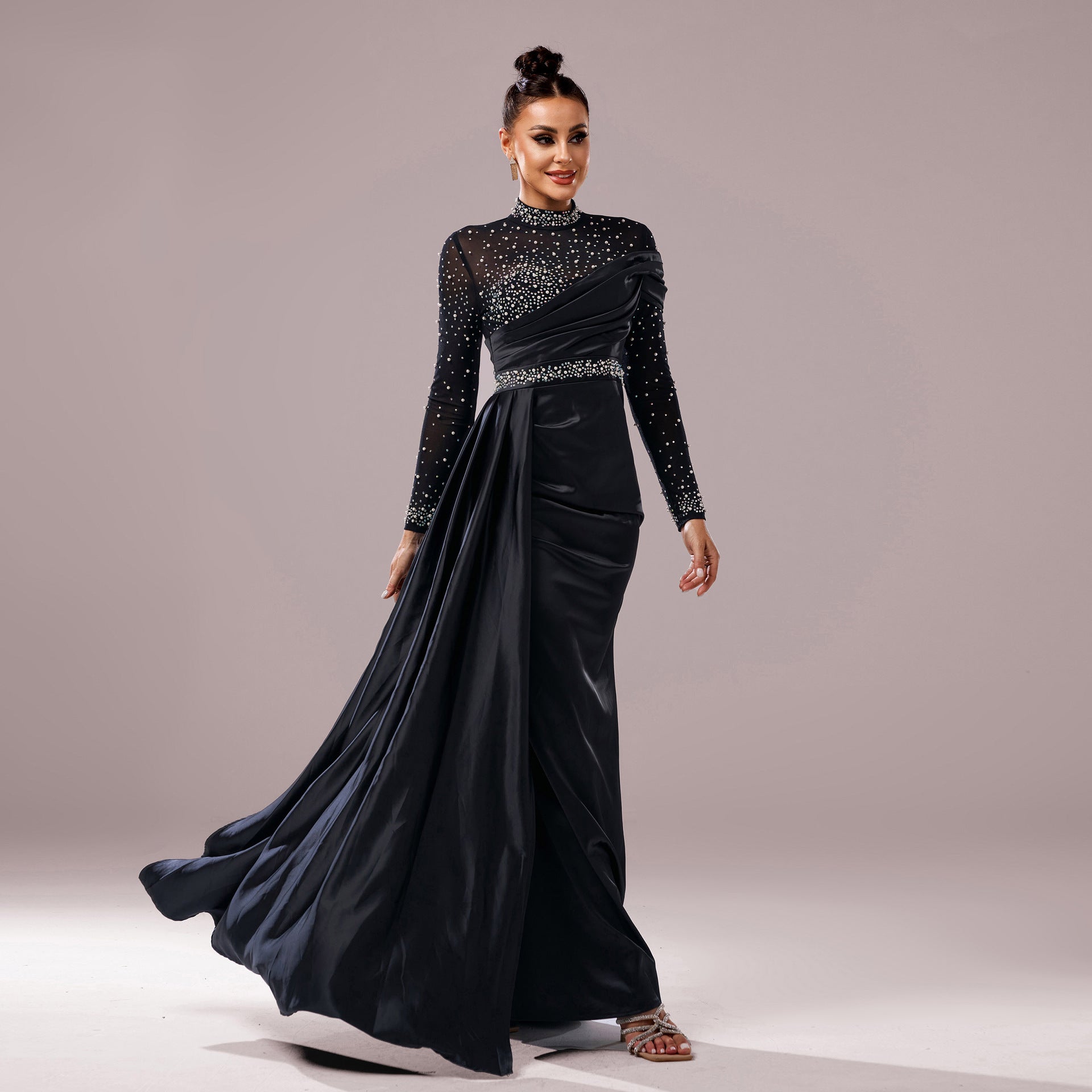 Women Clothing Long leeved round Neck Slim Fit Sheath Sequined Cocktail Fishtail Evening Dress Bella Mia