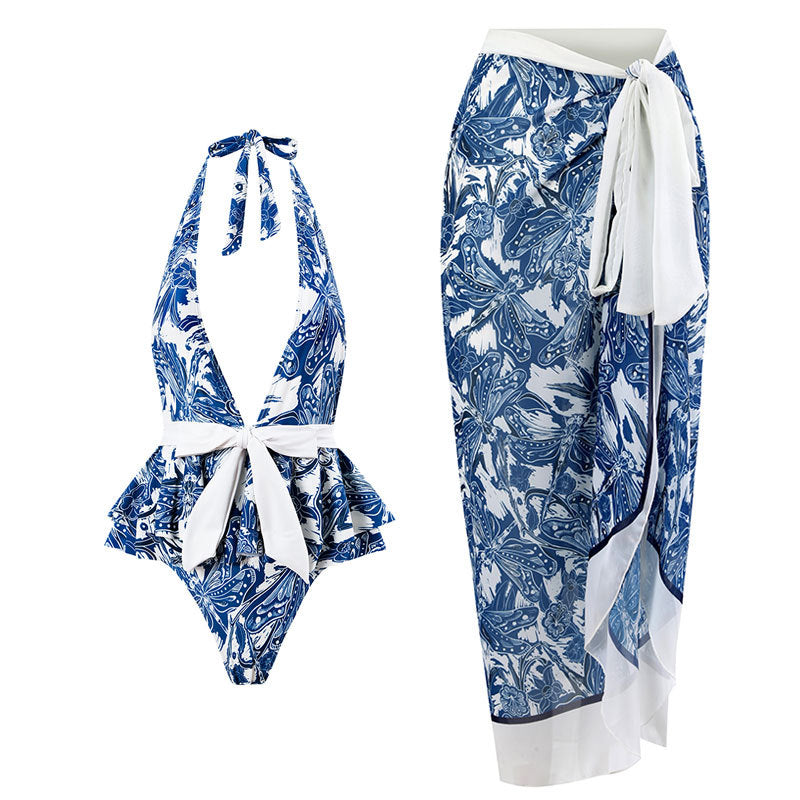 One Piece Swimsuit Women Skinny Slimming Vintage Printed Chiffon Dress With Steel Bracket Hard Bag Bella Mia