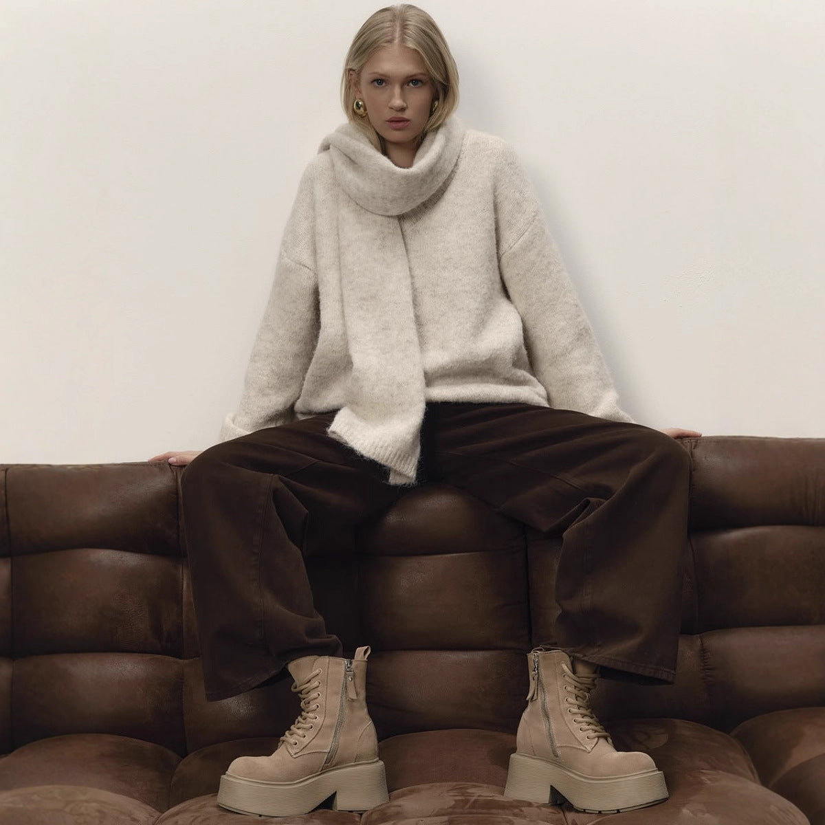 Loose Lazy Soft Wool Sweater Women Autumn Winter Pullover Loose Sweater Scarf Set Bella Mia