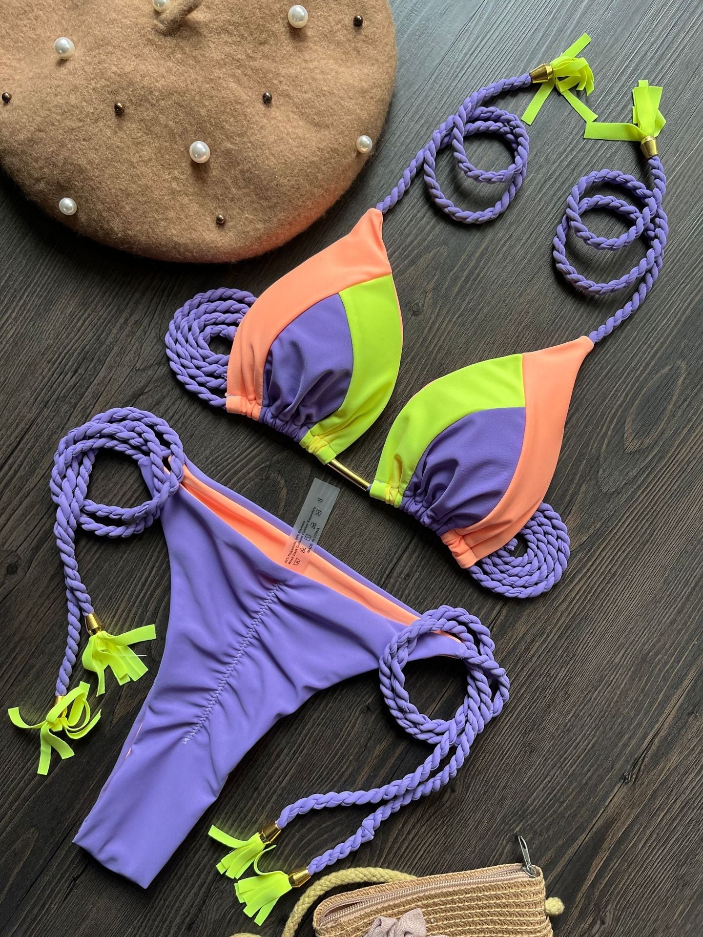 Bikini Brazilian Low Waist Patchwork Assorted Colors Triangle Braid Rope Bikini Split Swimsuit Women Bella Mia