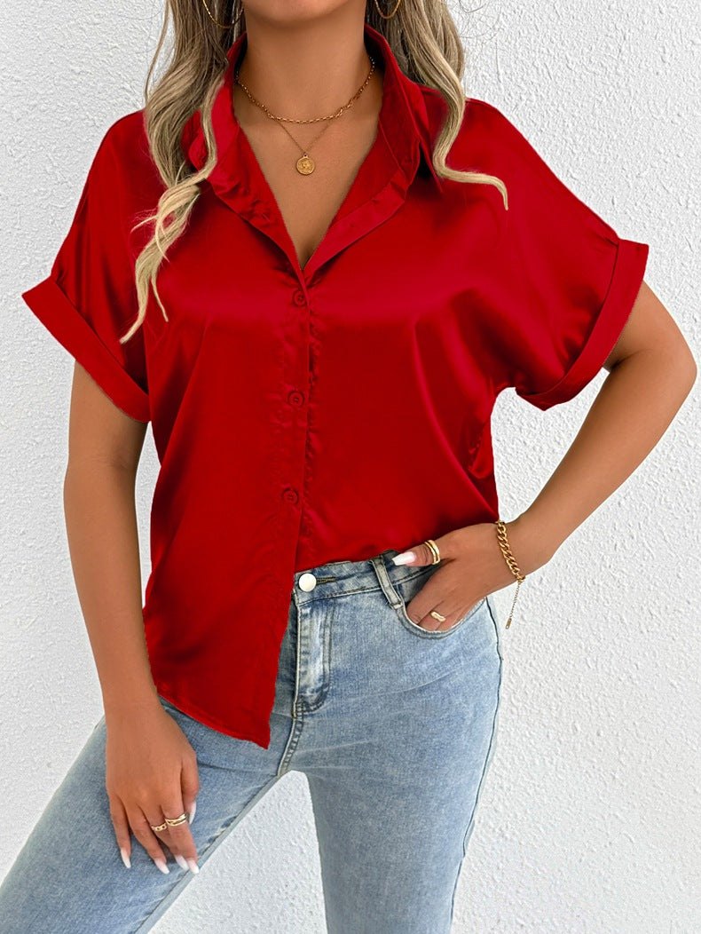 Women Clothes Summer Blue Color Satin Shirt Women Satin Shirt Bella Mia