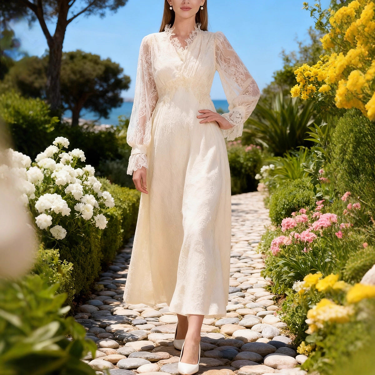 Lace Long Sleeve Elegant Dress Autumn High Sense V neck Waist Controlled Slimming Dress Women Bella Mia