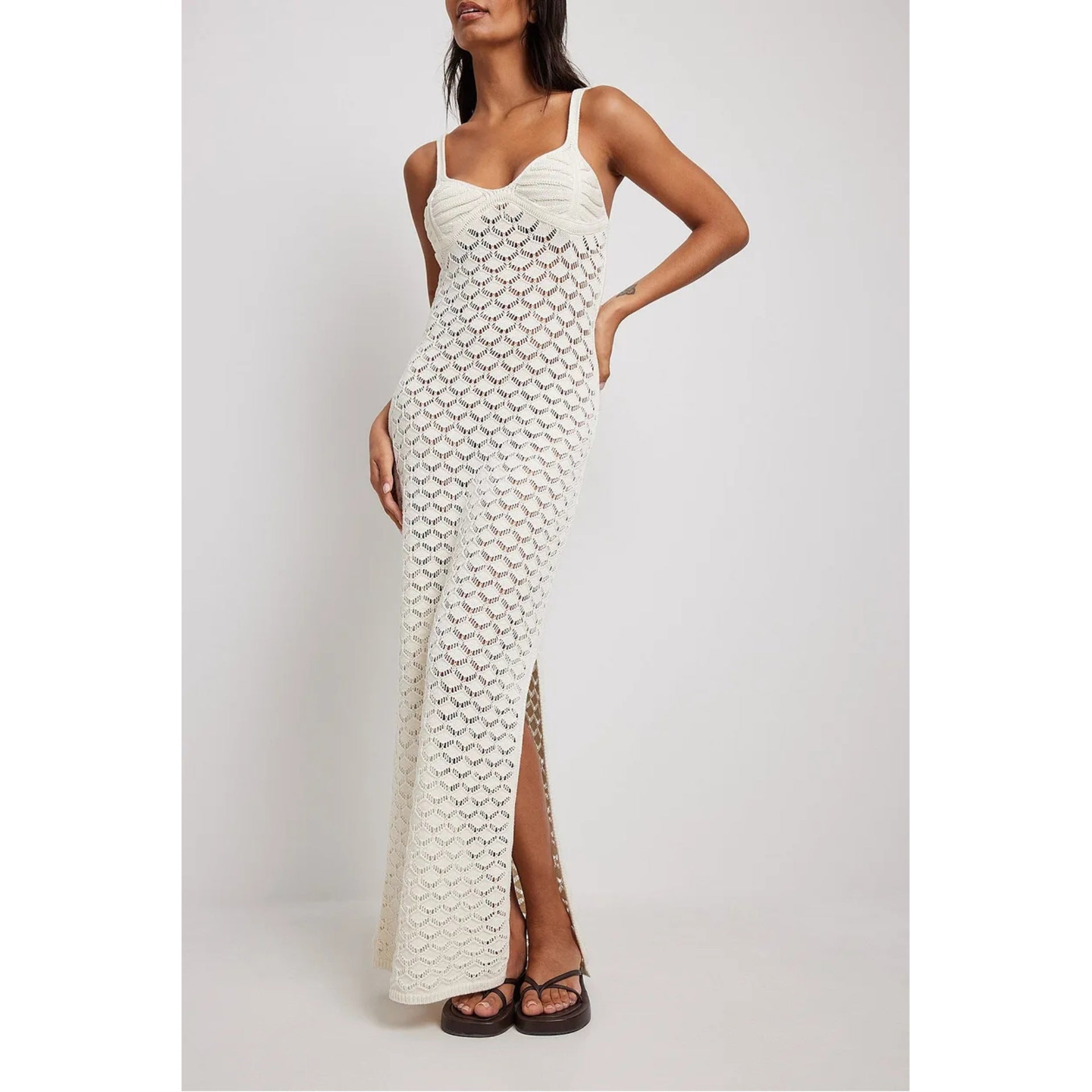 Summer Vacation Knitted Dress Women Suspender Side Slit Backless Hollow Out Pattern Knitted Dress Bella Mia