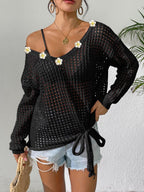 Women V neck Pullover Top Cutout Blouse Lace up Bow Outerwear Shirt Crochet Stitching Loose Sweater Women Bella Mia