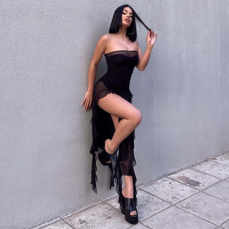Spring Summer Women Mesh Sexy Personalized Irregular Asymmetric Slit Tassel Tube Top Jumpsuit Women Bella Mia
