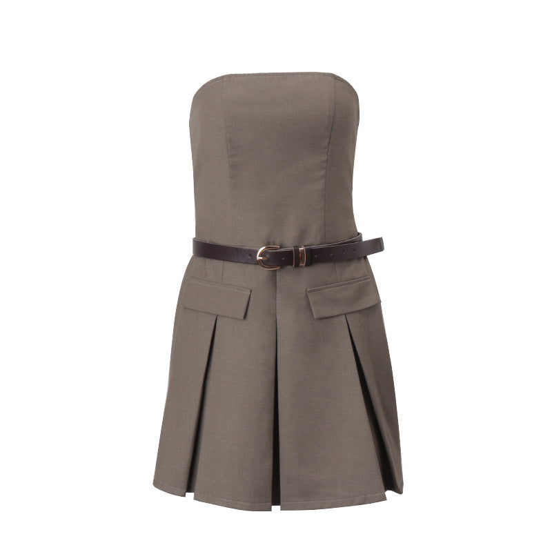 Women Clothing Autumn Personality Street Retro Bandeau Slim Fit Dress Pleated Dress Bella Mia
