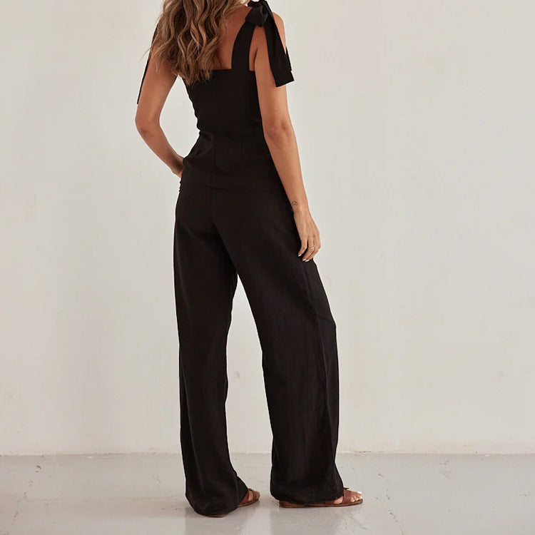 Spring Summer Black Bandeau Sling Top High Waist Wide Leg Pants Two Piece Set Bella Mia
