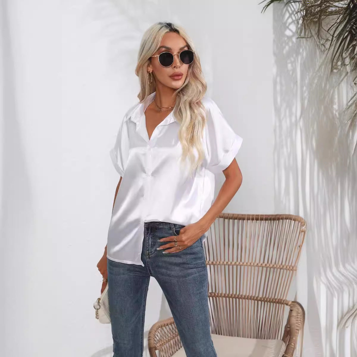 Satin Shirt Short Sleeve Satin Button Shirt Casual Loose Top Women Bella Mia