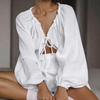 Autumn Loose Casual Cotton Pajamas Women Cardigan Long Sleeve Shorts Comfortable Homewear Can Be Worn outside Bella Mia