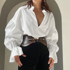 Spring Women Clothing Cotton White Shirt Texture Loose V neck Puff Sleeve Long Sleeved Top Bella Mia