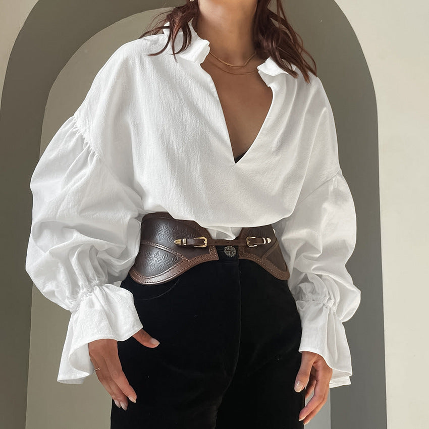 Spring Women Clothing Cotton White Shirt Texture Loose V neck Puff Sleeve Long Sleeved Top Bella Mia