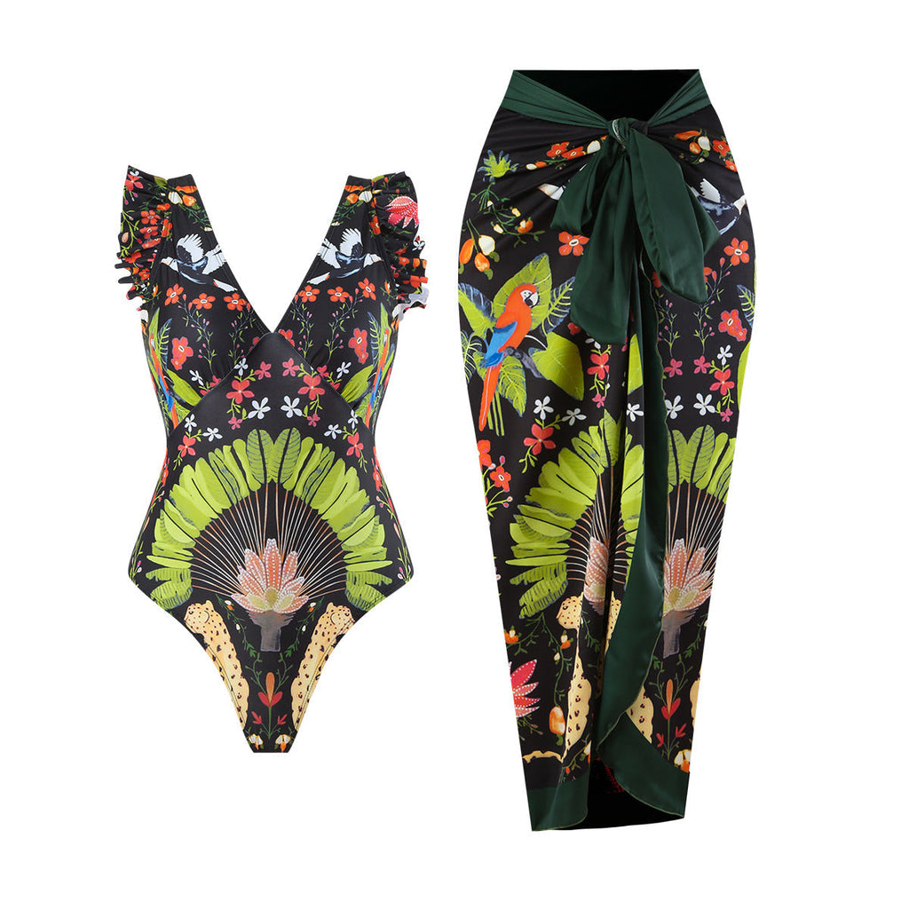 One Piece Women Printed Swimsuit Covering Belly Thin Flying Gauze Skirt Conservative Swimwear Women Bella Mia