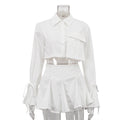 Women Clothing Outfit White Collared Bell Sleeve Short Top Pleated Skirt Two Piece Sets Bella Mia