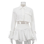 Women Clothing Outfit White Collared Bell Sleeve Short Top Pleated Skirt Two Piece Sets Bella Mia