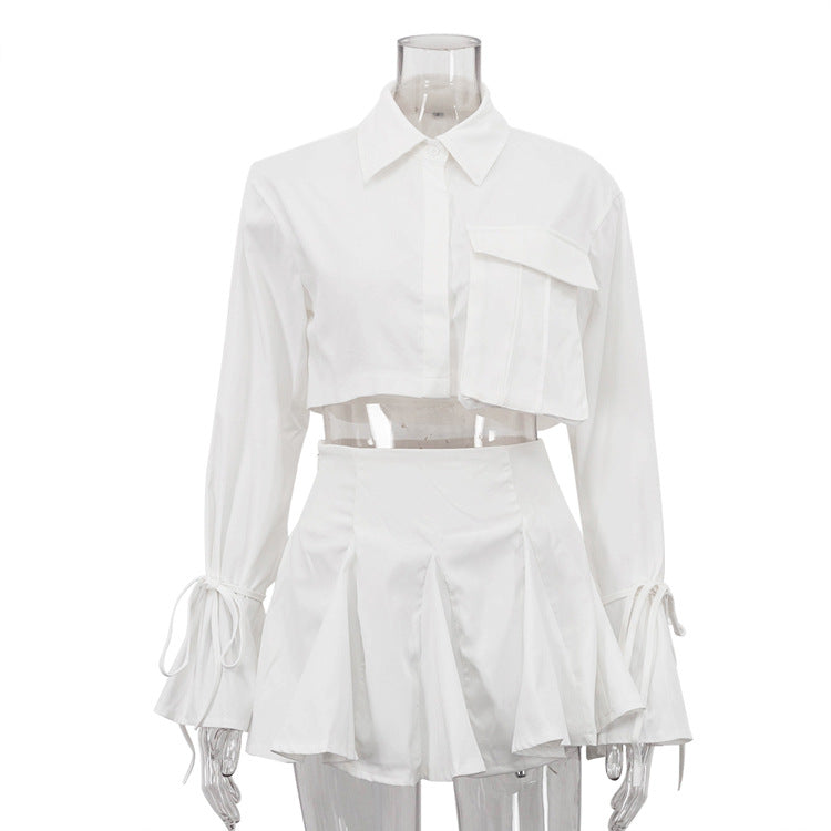 Women Clothing Outfit White Collared Bell Sleeve Short Top Pleated Skirt Two Piece Sets Bella Mia