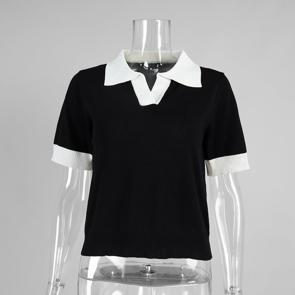 Short Sleeved Knitwear Summer Office Polo Collar Contrast Color Slim Fit Knitted Top Bella Mia