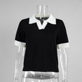 Short Sleeved Knitwear Summer Office Polo Collar Contrast Color Slim Fit Knitted Top Bella Mia