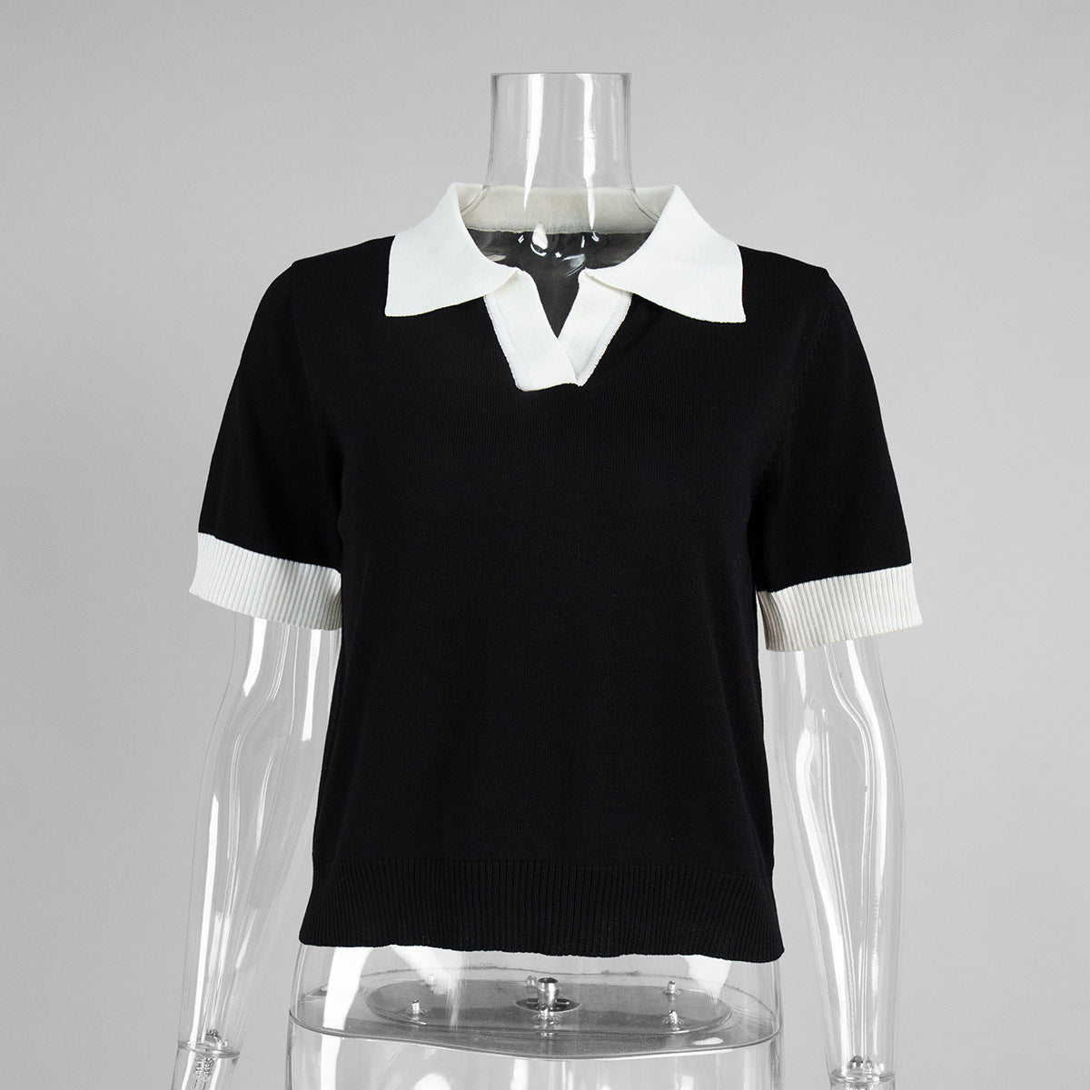 Short Sleeved Knitwear Summer Office Polo Collar Contrast Color Slim Fit Knitted Top Bella Mia