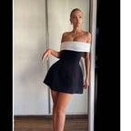 Spring Summer off Shoulder Black White Contrast Color Tight Waist a Swing Design Bow Dress Bella Mia