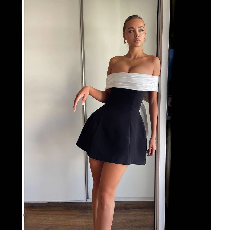 Spring Summer off Shoulder Black White Contrast Color Tight Waist a Swing Design Bow Dress Bella Mia