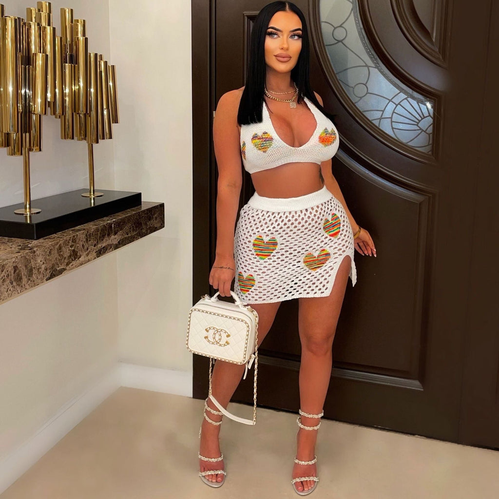 Women Clothing Sexy Love Jacquard Hollow Out Cutout Knitted Beach Skirt Set Bella Mia