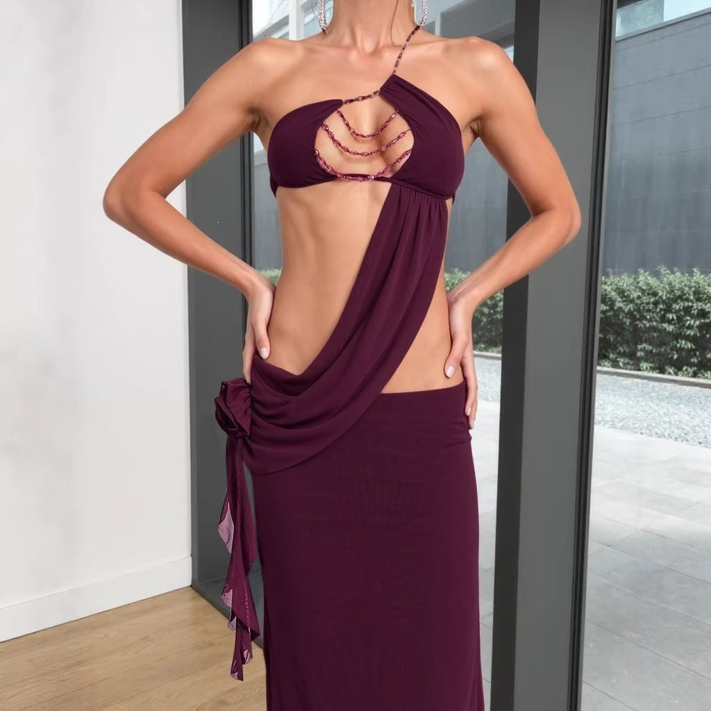 Cropped Outfit Sexy Bandeau Bead Necklace Floral Oblique Shoulder Strap Dress