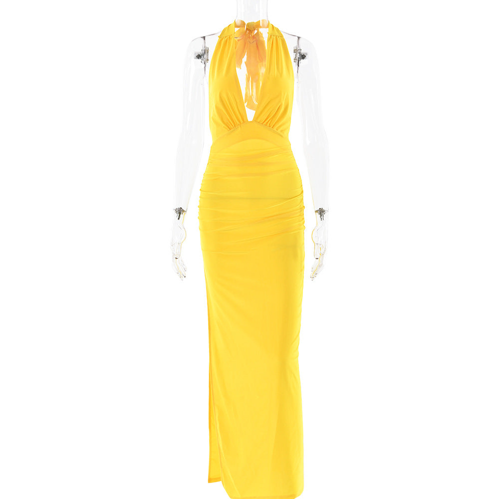 Summer Sexy V neck Halter Backless Dress Solid Color Split Dress Bella Mia
