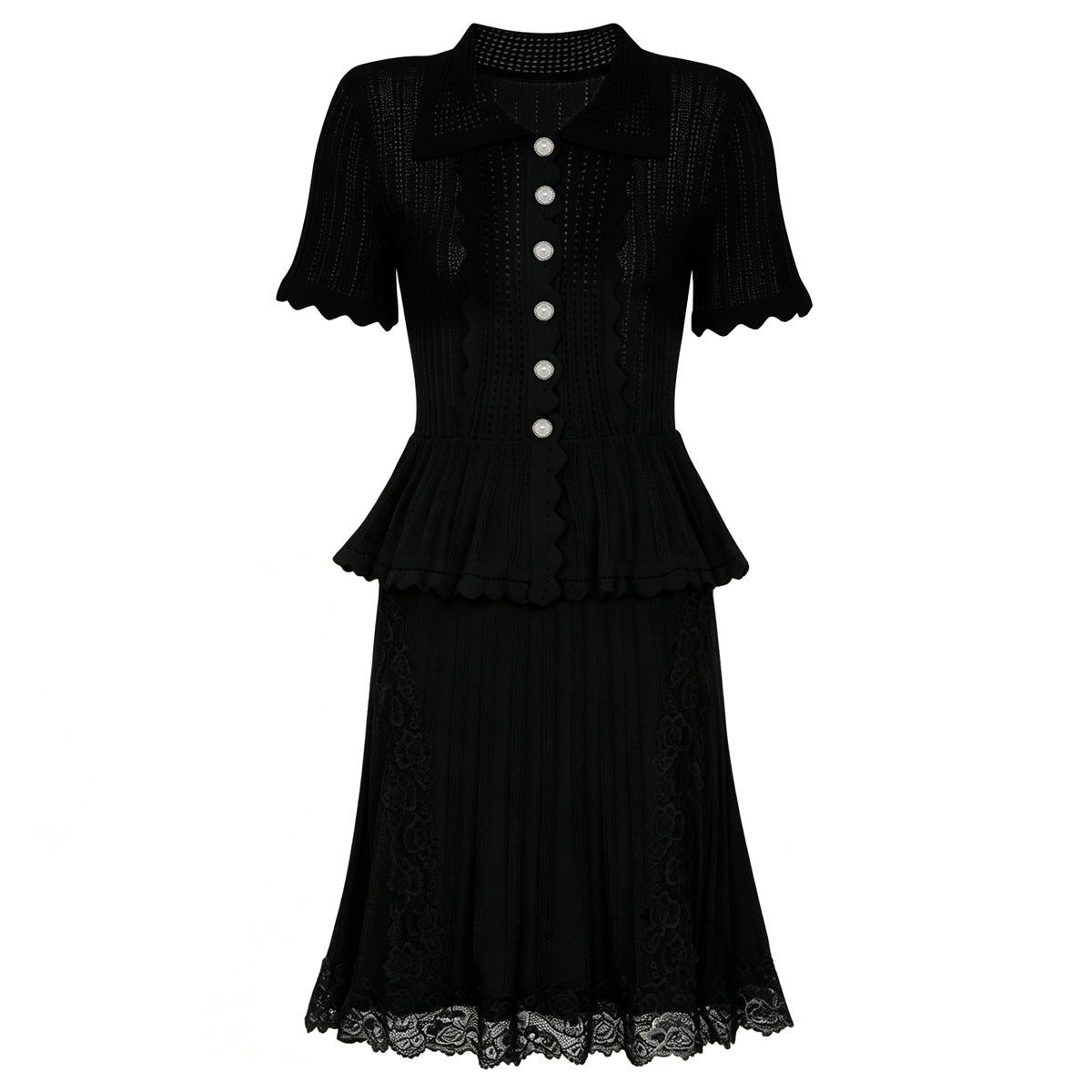 Summer Ladies Internet Popular Slim Fitting Slimming Pearl Buckle Faux Two Pieces Short Sleeve Dress